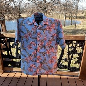 Croft & Barrow Mens Blue Hawaiian Hibiscus Floral Button Shirt Short Sleeve LG